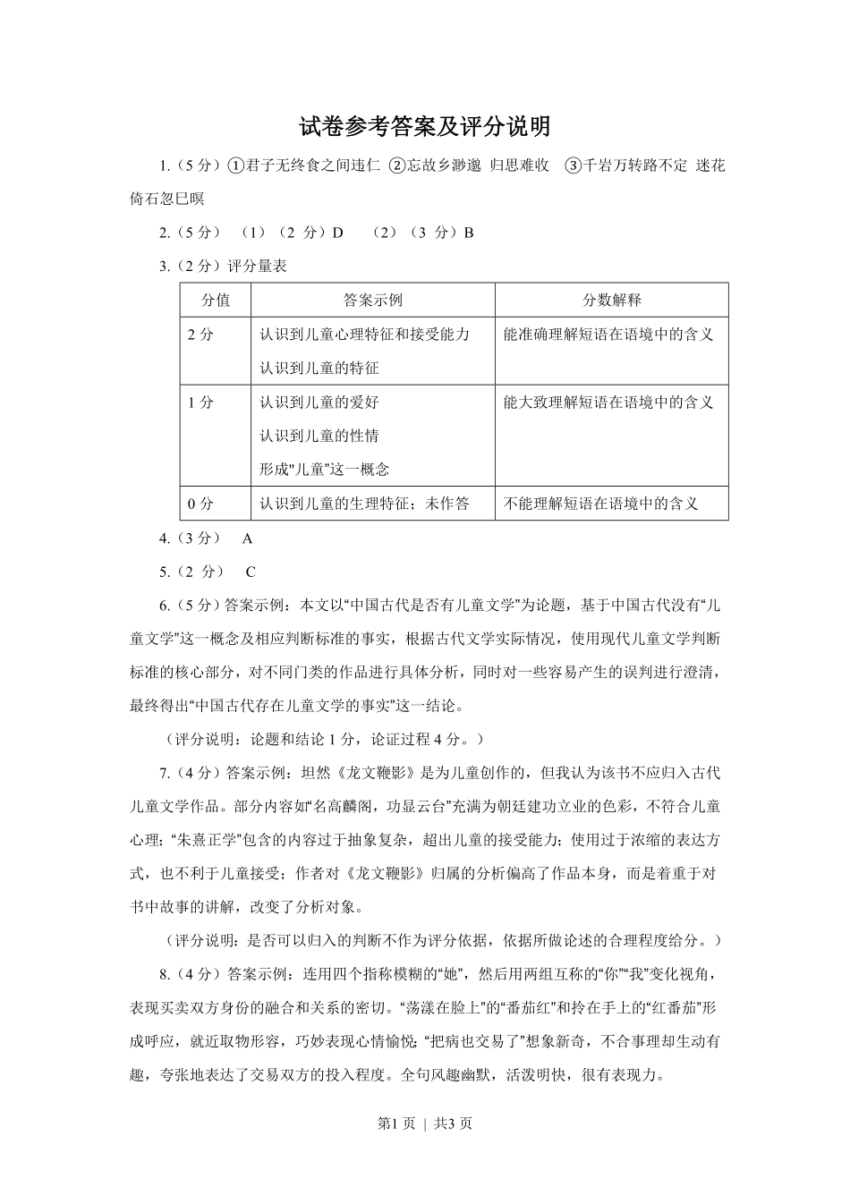 2020年高考语文试卷（上海）（秋考）（答案卷）.pdf_第1页