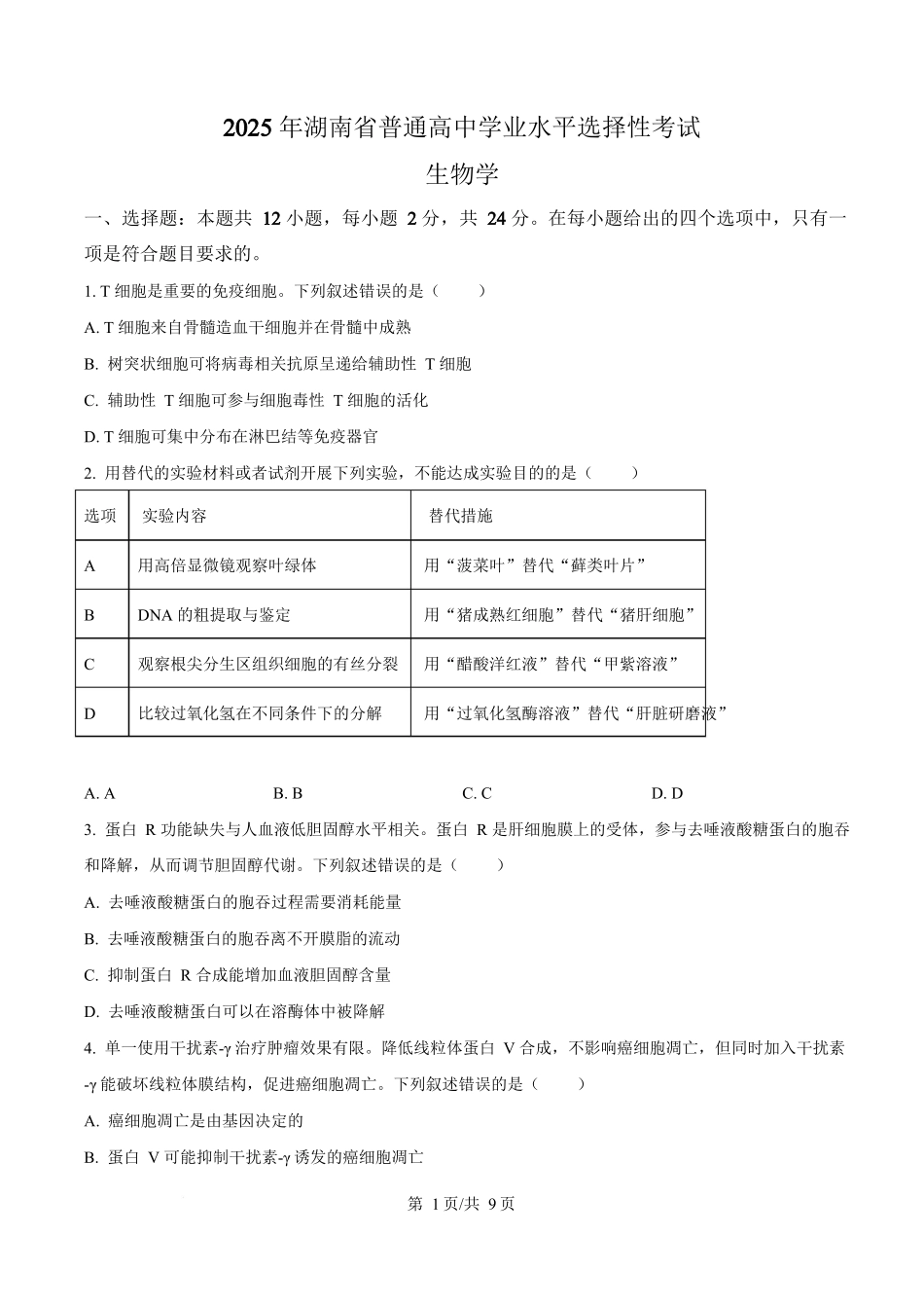 2025年高考生物试卷（湖南卷）（空白卷）.docx_第1页