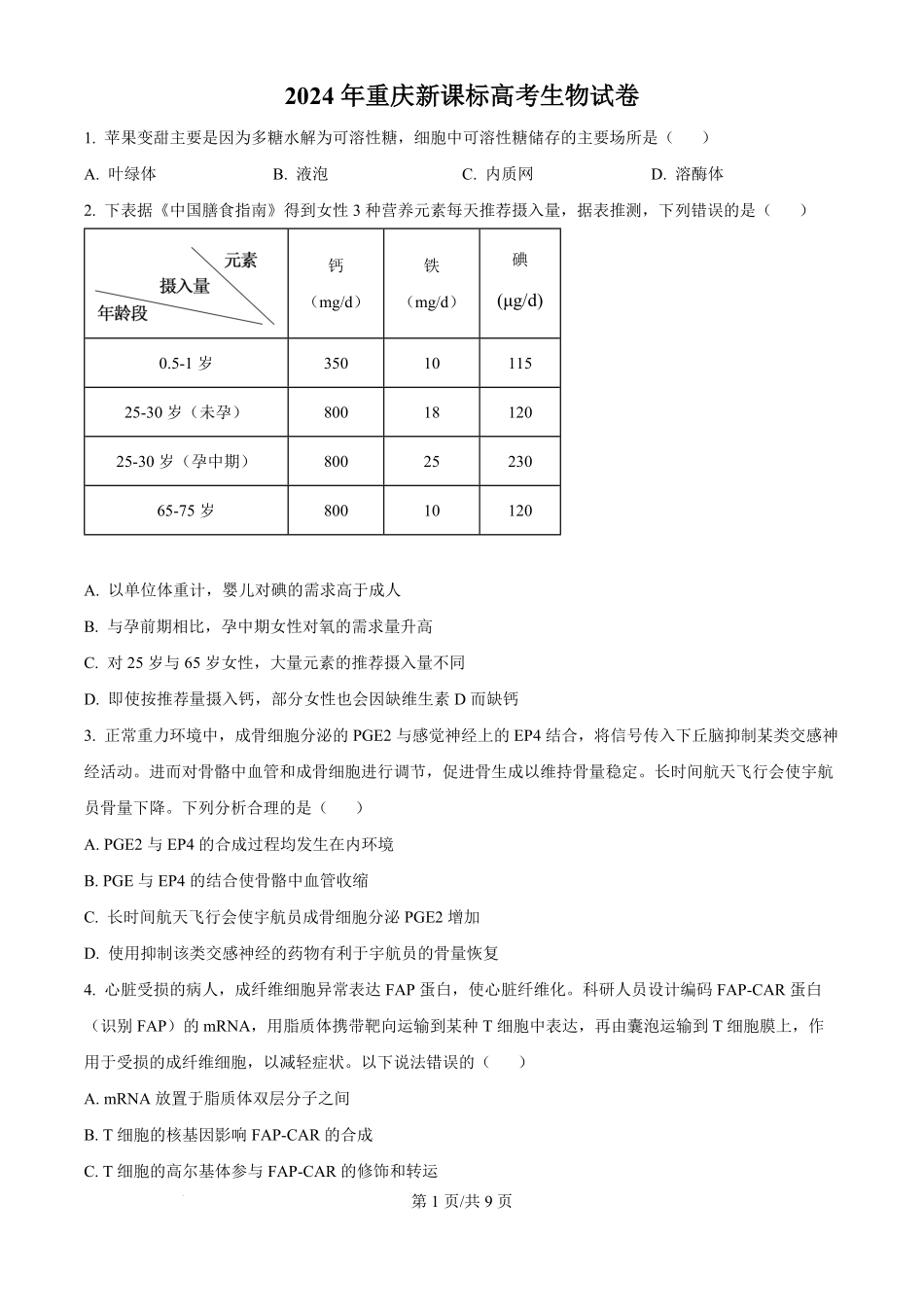 2024年高考生物试卷(重庆)(空白卷).pdf_第1页