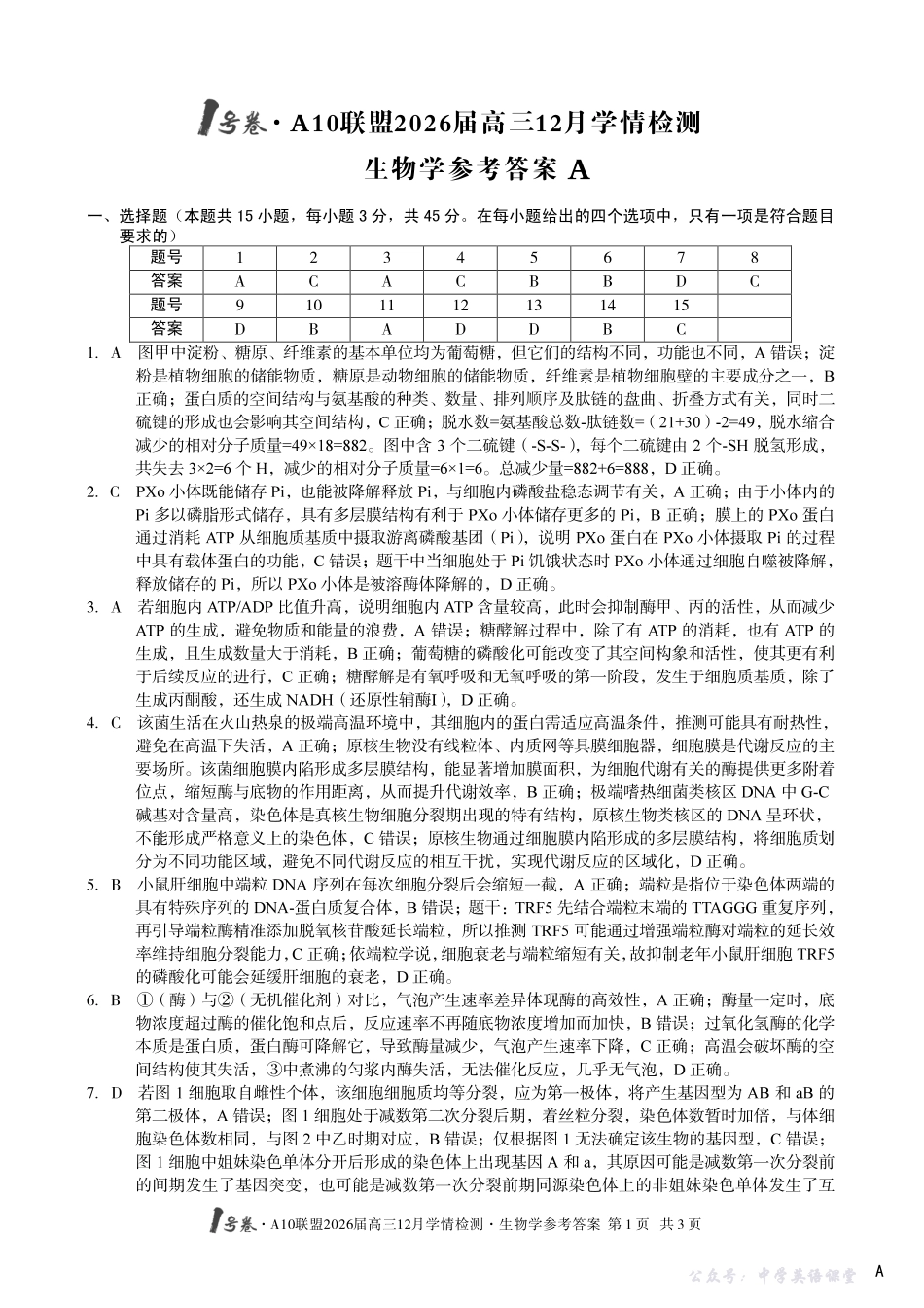 1号卷A10联盟2026届高三12月学情检测生物A答案.pdf_第1页