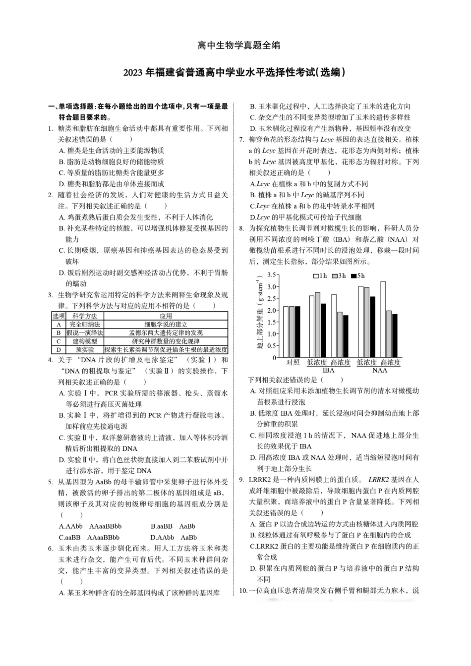 2023年高考生物试卷(福建)(空白卷).docx_第1页