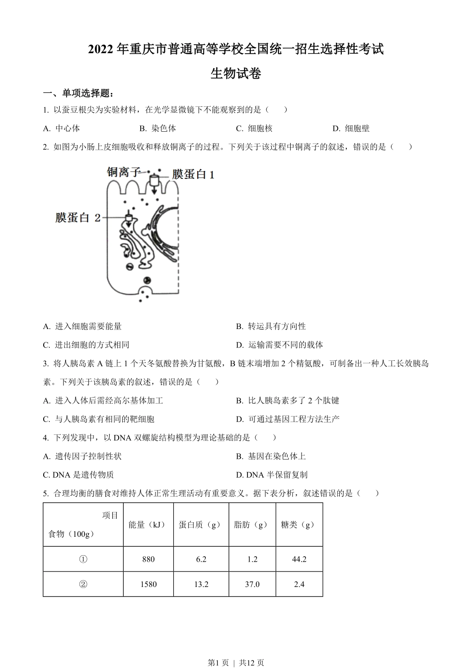 2022年高考生物试卷（重庆）（空白卷）.pdf_第1页