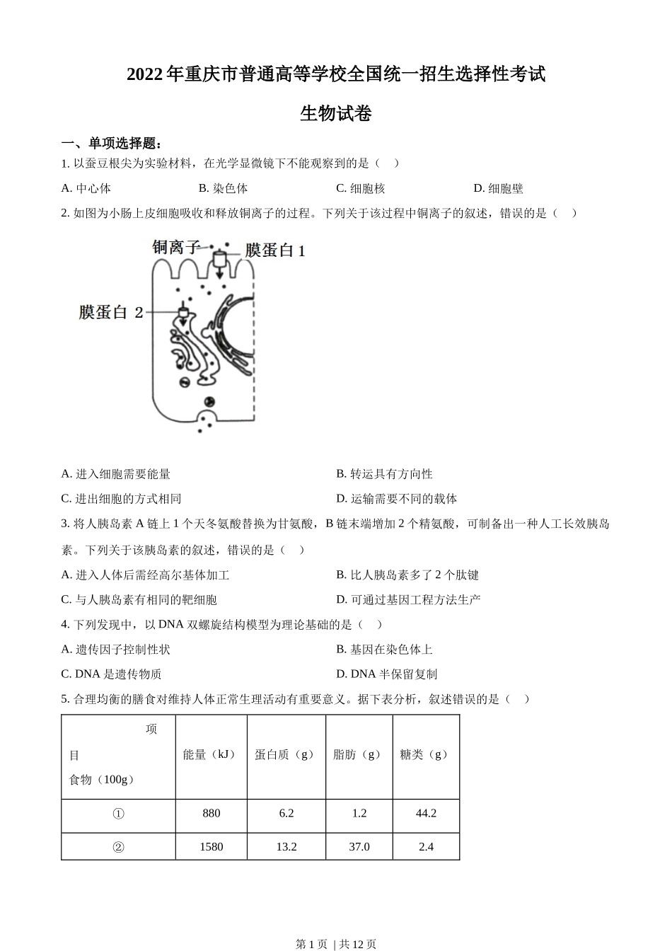 2022年高考生物试卷（重庆）（空白卷）.docx_第1页