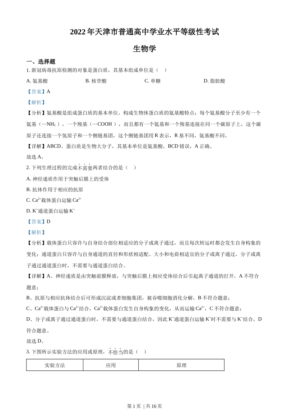 2022年高考生物试卷（天津）（空白卷）.docx_第1页