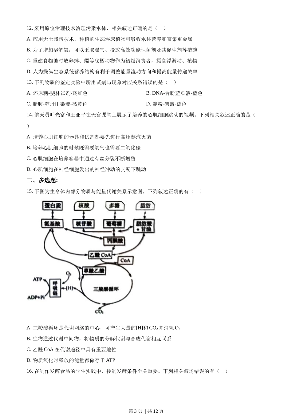 2022年高考生物试卷（江苏）（空白卷）.docx_第3页