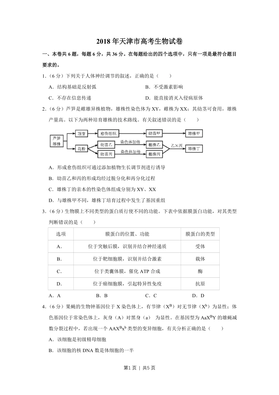 2018年高考生物试卷（天津）（空白卷）.pdf_第1页