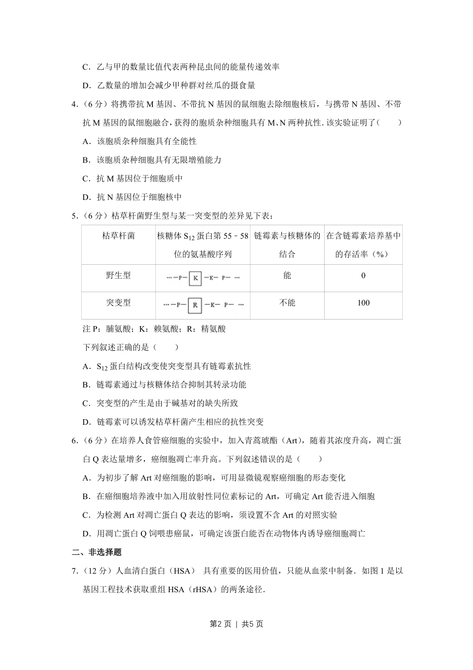 2016年高考生物试卷（天津）（空白卷）.pdf_第2页