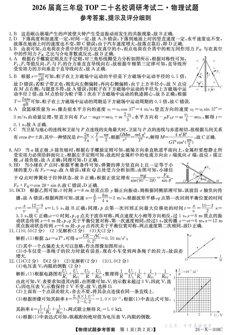 河南省2026届高三年级TOP二十名校调研考试二物理答案.pdf_第1页