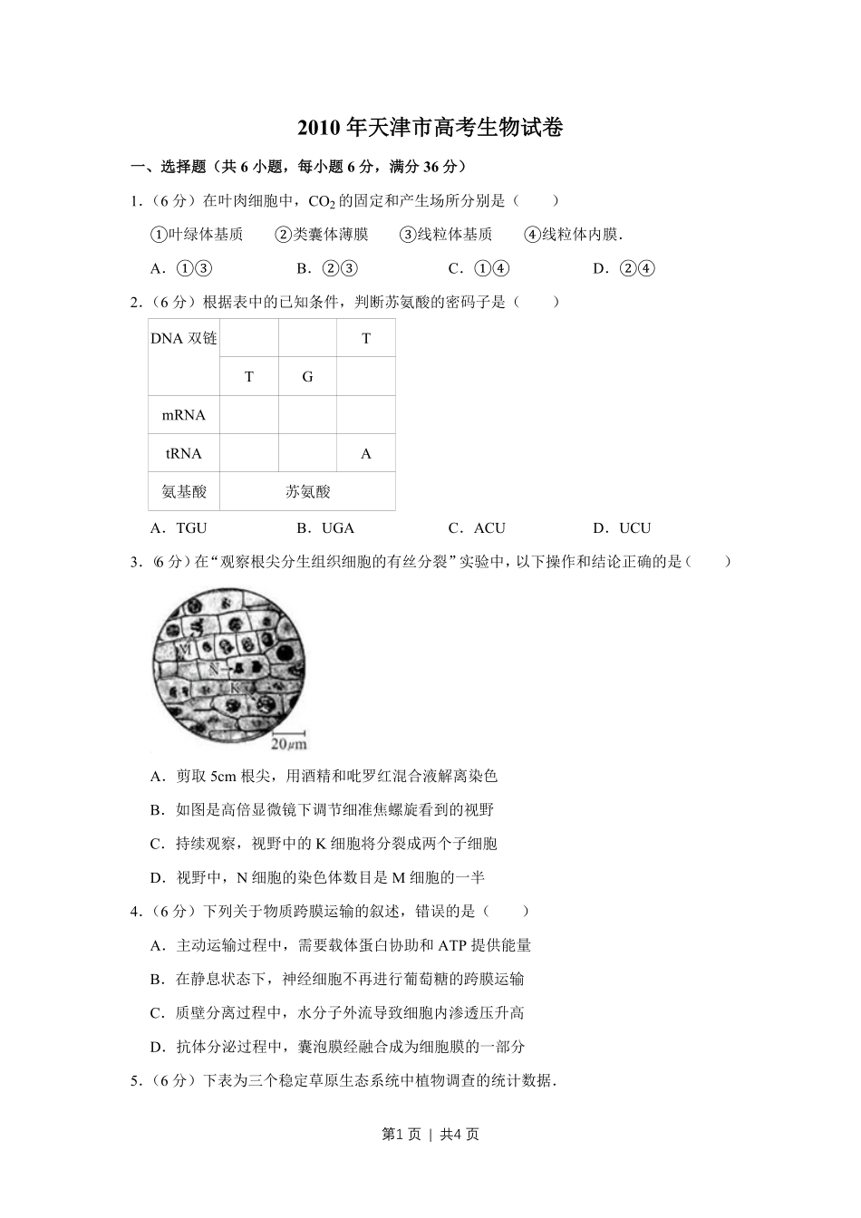 2010年高考生物试卷(天津)(空白卷).pdf_第1页