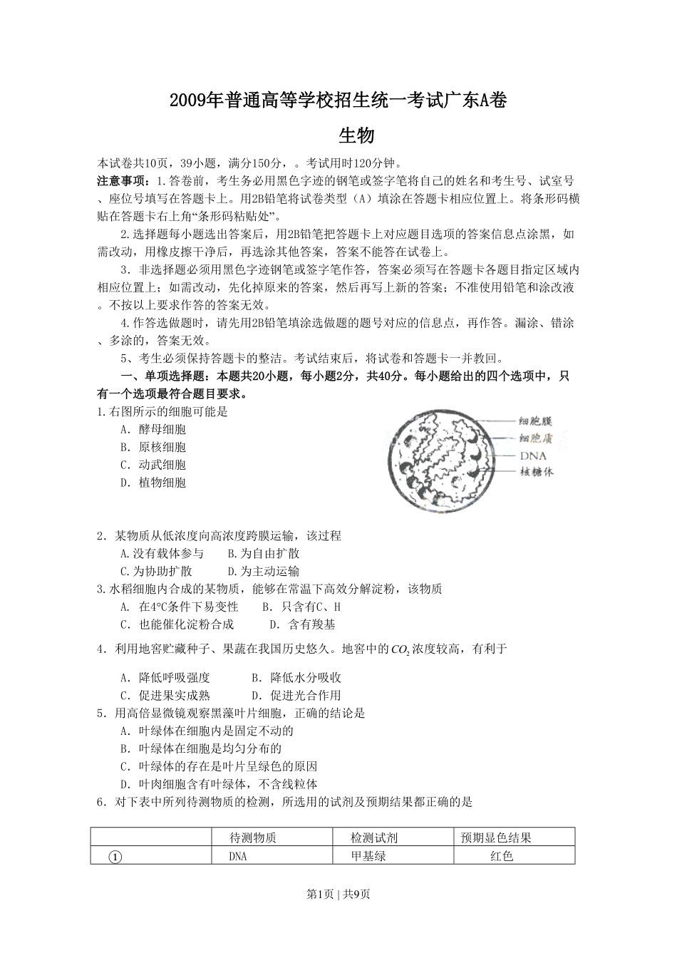 2009年高考生物试卷（广东）（空白卷）.pdf_第1页