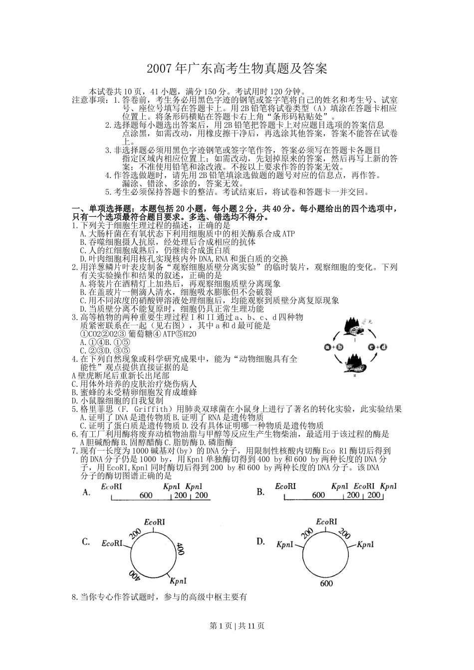 2007年广东高考生物真题及答案.doc_第1页