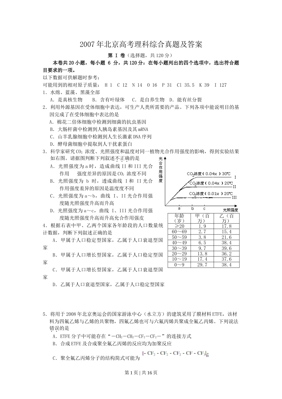 2007年北京高考理科综合真题及答案.doc_第1页