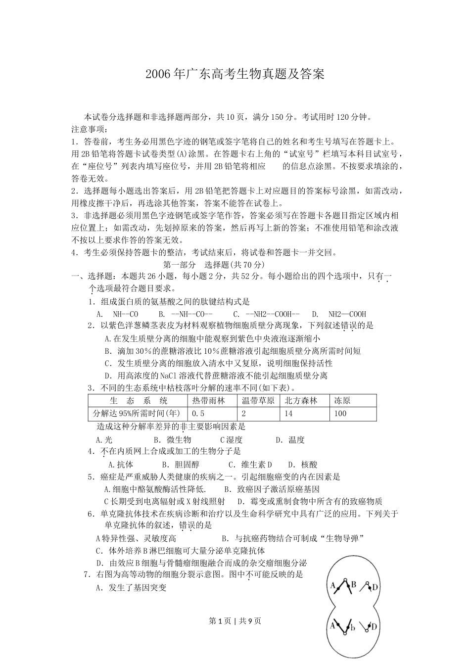 2006年广东高考生物真题及答案.doc_第1页