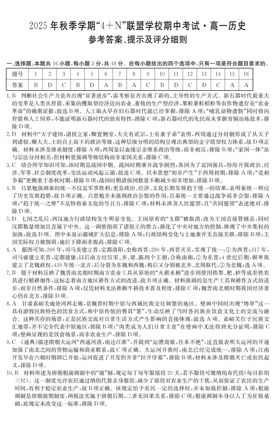 历史试卷答案广西壮族自治区南宁市4+N联盟学校2025年秋季学期高一上学期12月期中考试(6081A)(12.18-12.19).pdf_第1页