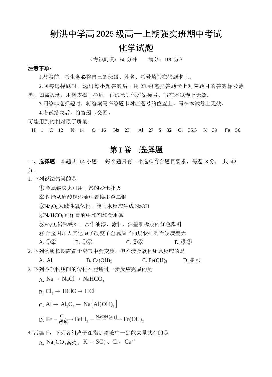 射洪中学高2025级高一上期强实班期中考试化学试题.docx_第1页