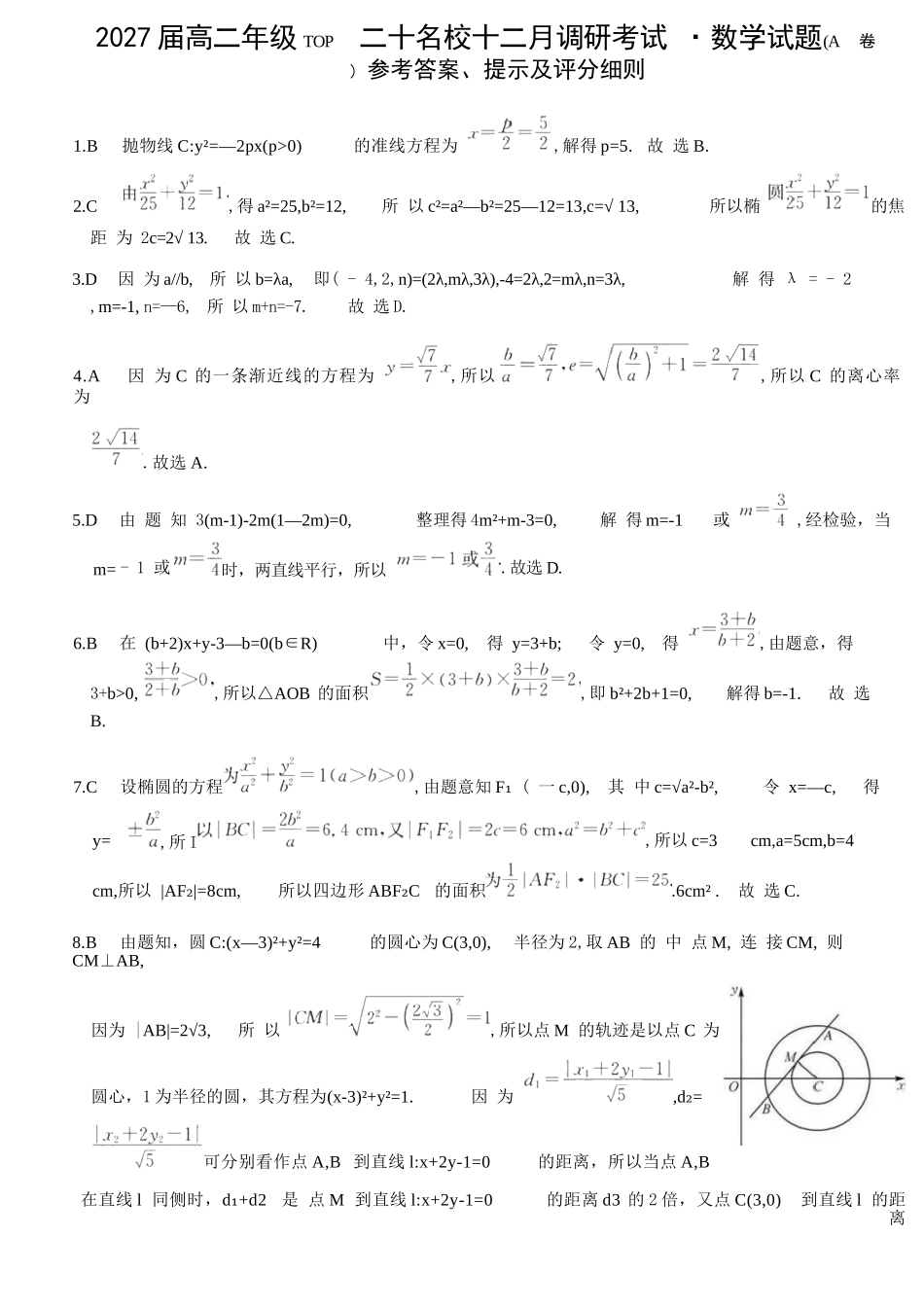 数学试卷(A卷)答案河南省TOP二十名校2027届高二年级十二月调研考试(12.17-12.18）.docx_第1页