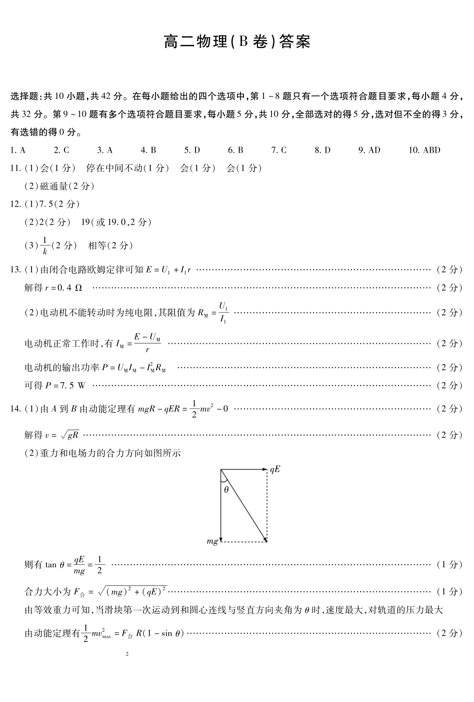 物理B卷安徽高二12月考答案(简易).pdf_第1页