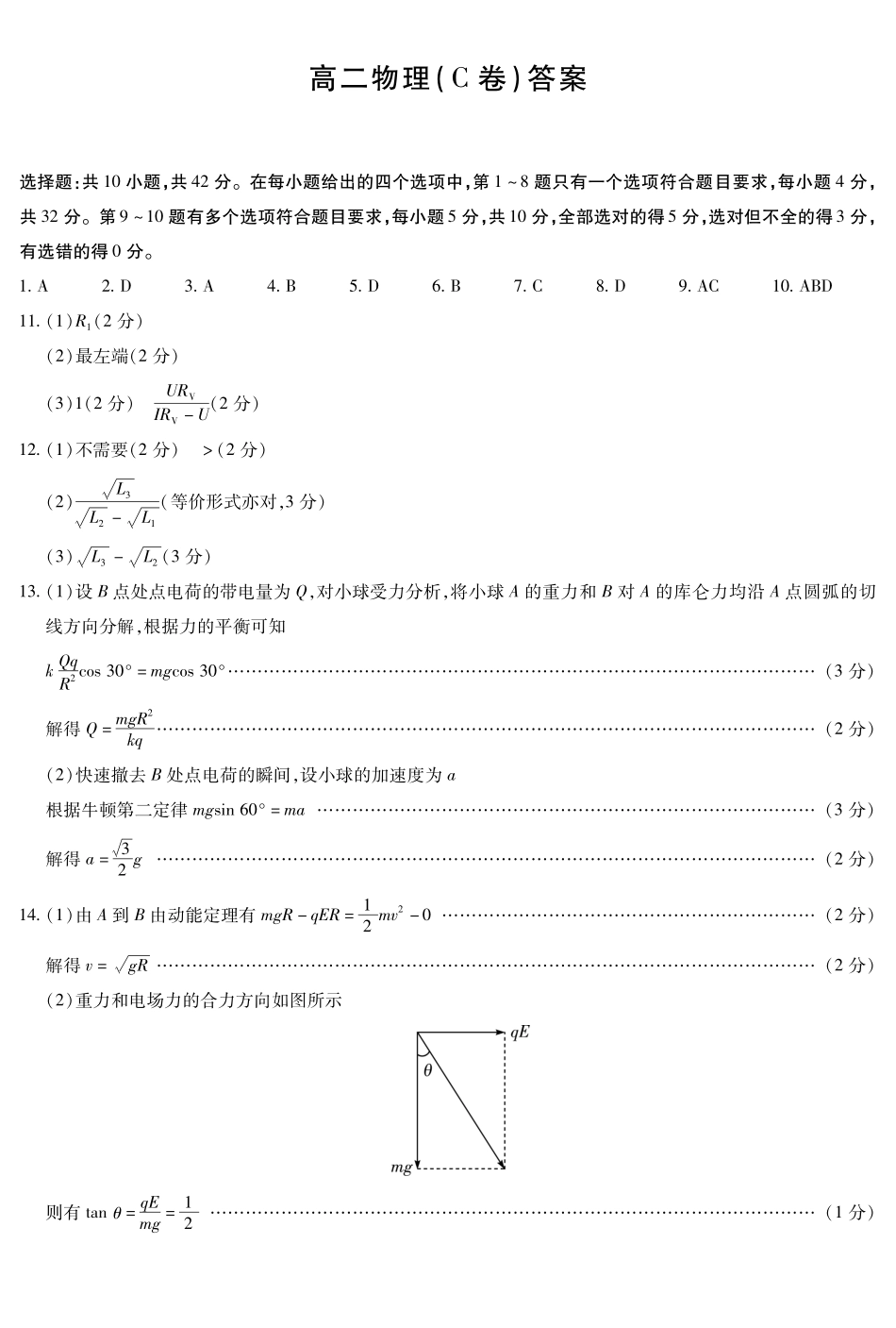 物理C卷安徽高二12月考答案(简易).pdf_第1页