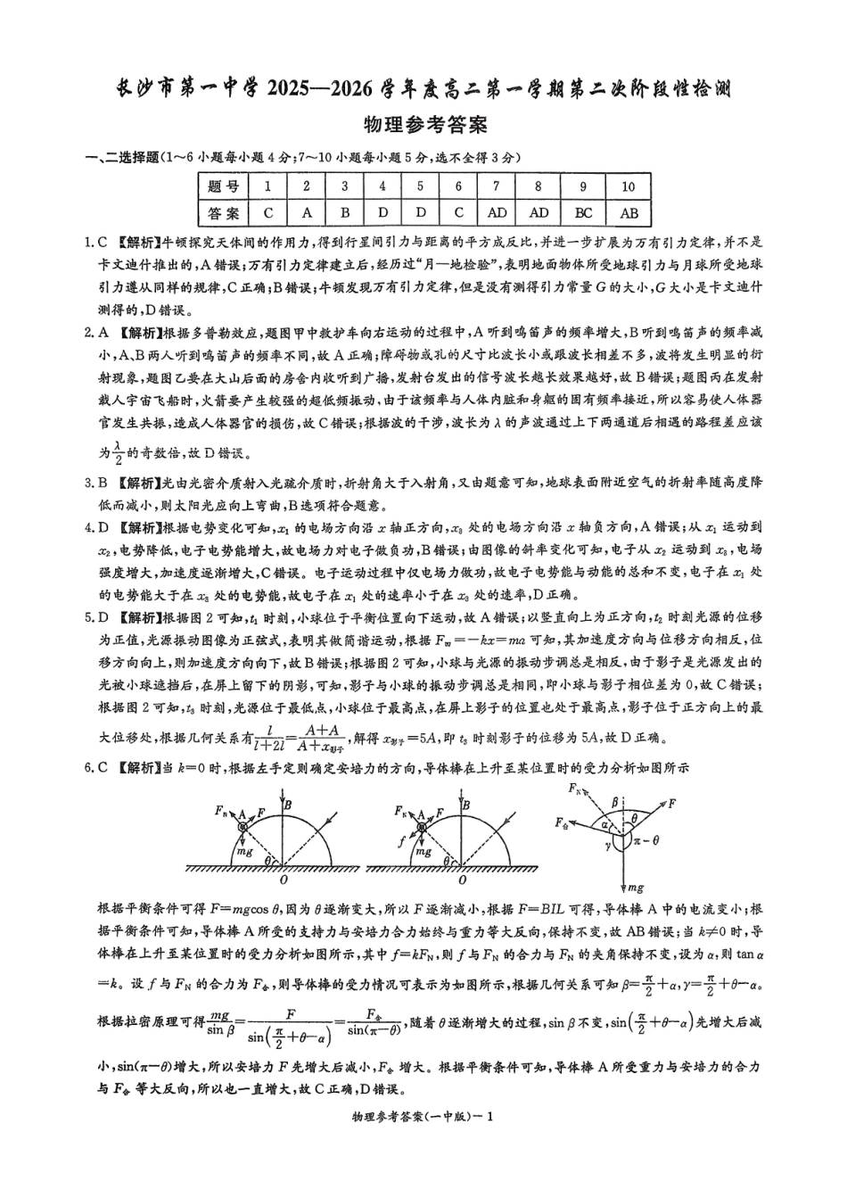 物理试卷参考答案湖南省长沙市第一中学2025-2026学年高二第一学期第二次阶段性检测暨12月月考（12.19-12.20）.pdf_第1页