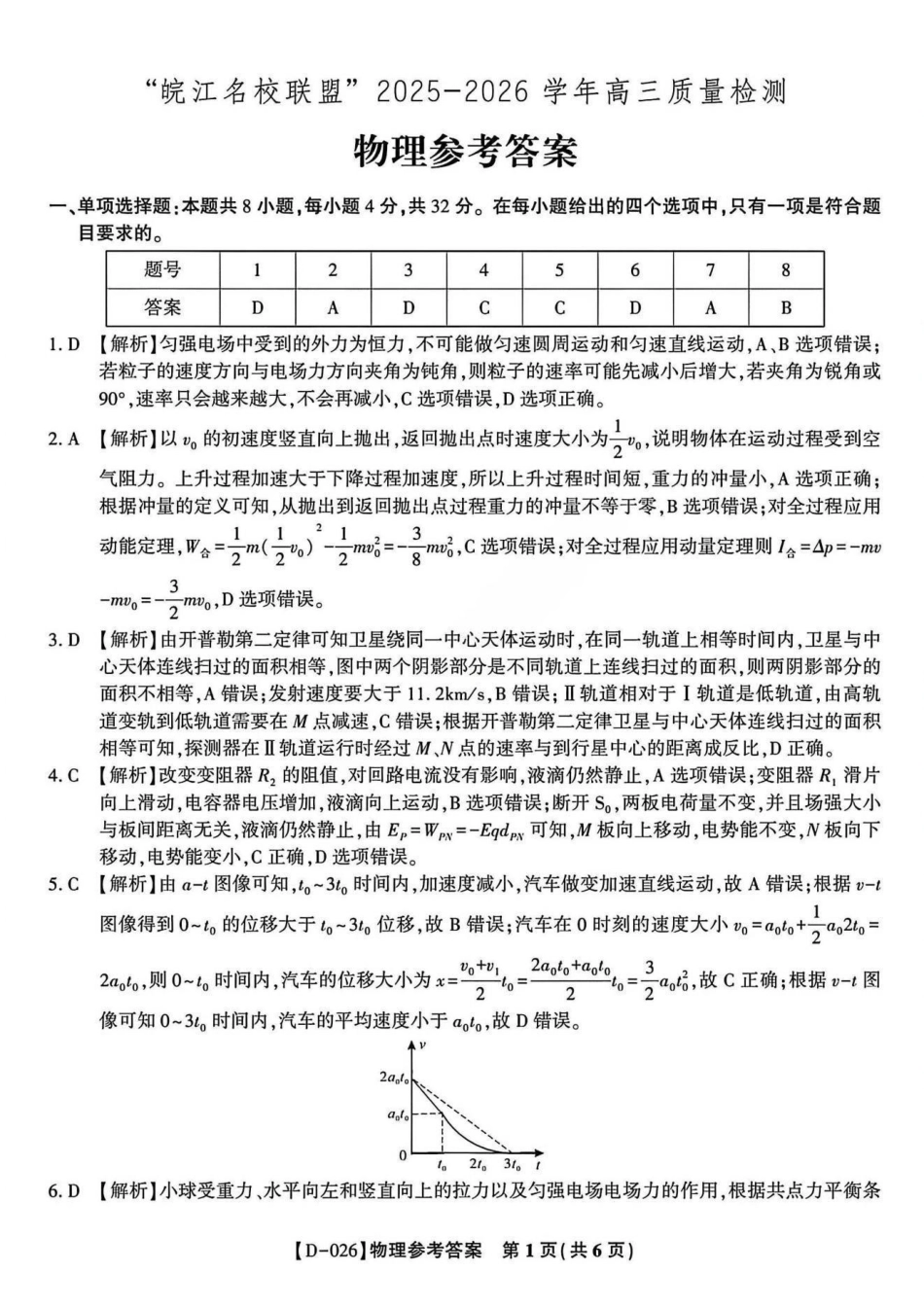 物理试卷答案安徽省皖江名校联盟2025-2026学年2026届高三12月质量检测(12.18-12.19).pdf_第1页