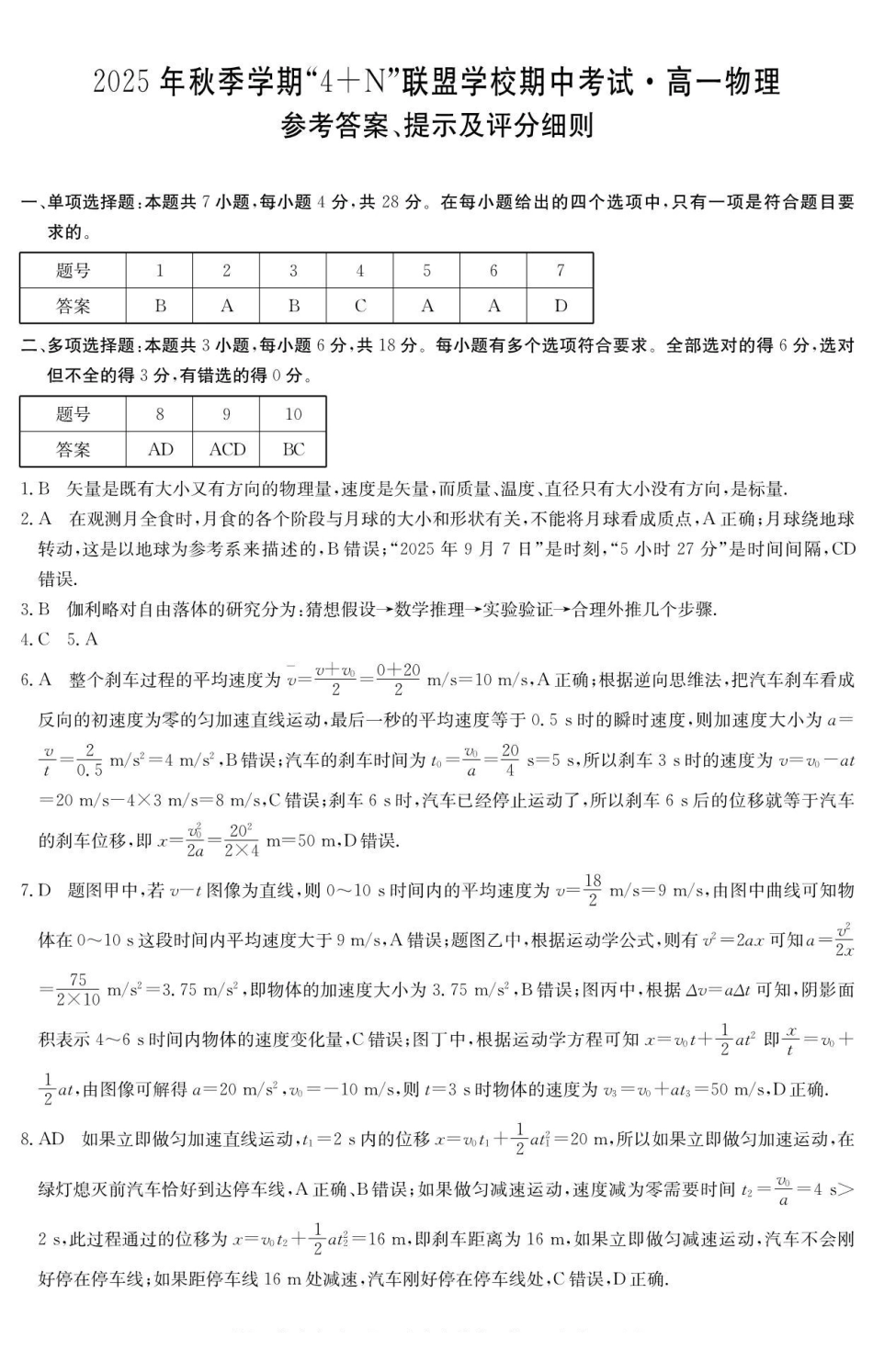 物理试卷答案广西壮族自治区南宁市4+N联盟学校2025年秋季学期高一上学期12月期中考试(6081A)(12.18-12.19).pdf_第1页
