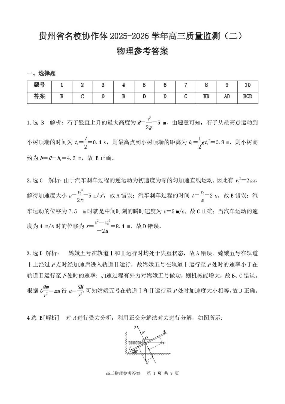 物理试卷答案贵州省名校协作体2025-2026学年高三质量监测(二)(12.22-12.23).pdf_第1页