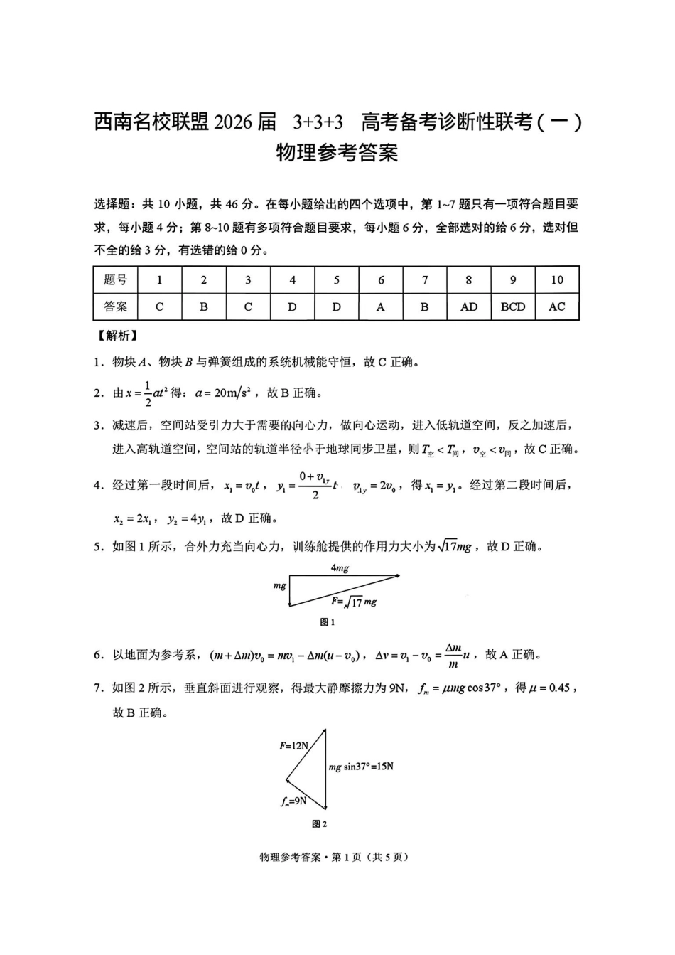 物理试卷答案西南名校联盟2026届“3+3+3”高考备考诊断性联考（一）(12.24-12.25).pdf_第1页