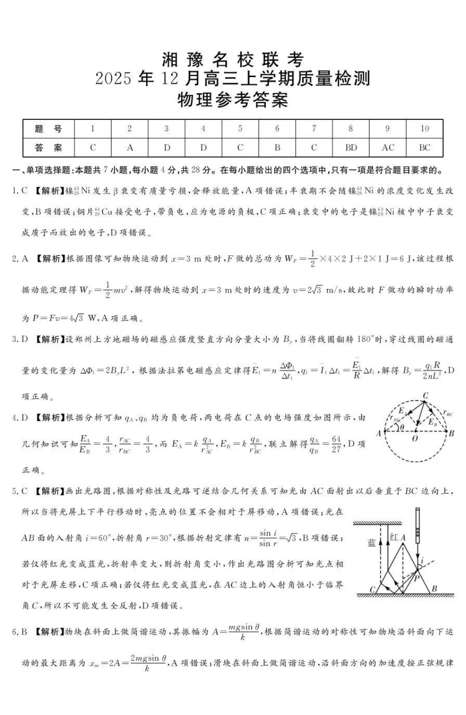 湘豫名校联考2025-2026学年高三上学期12月月考物理答案.pdf_第1页