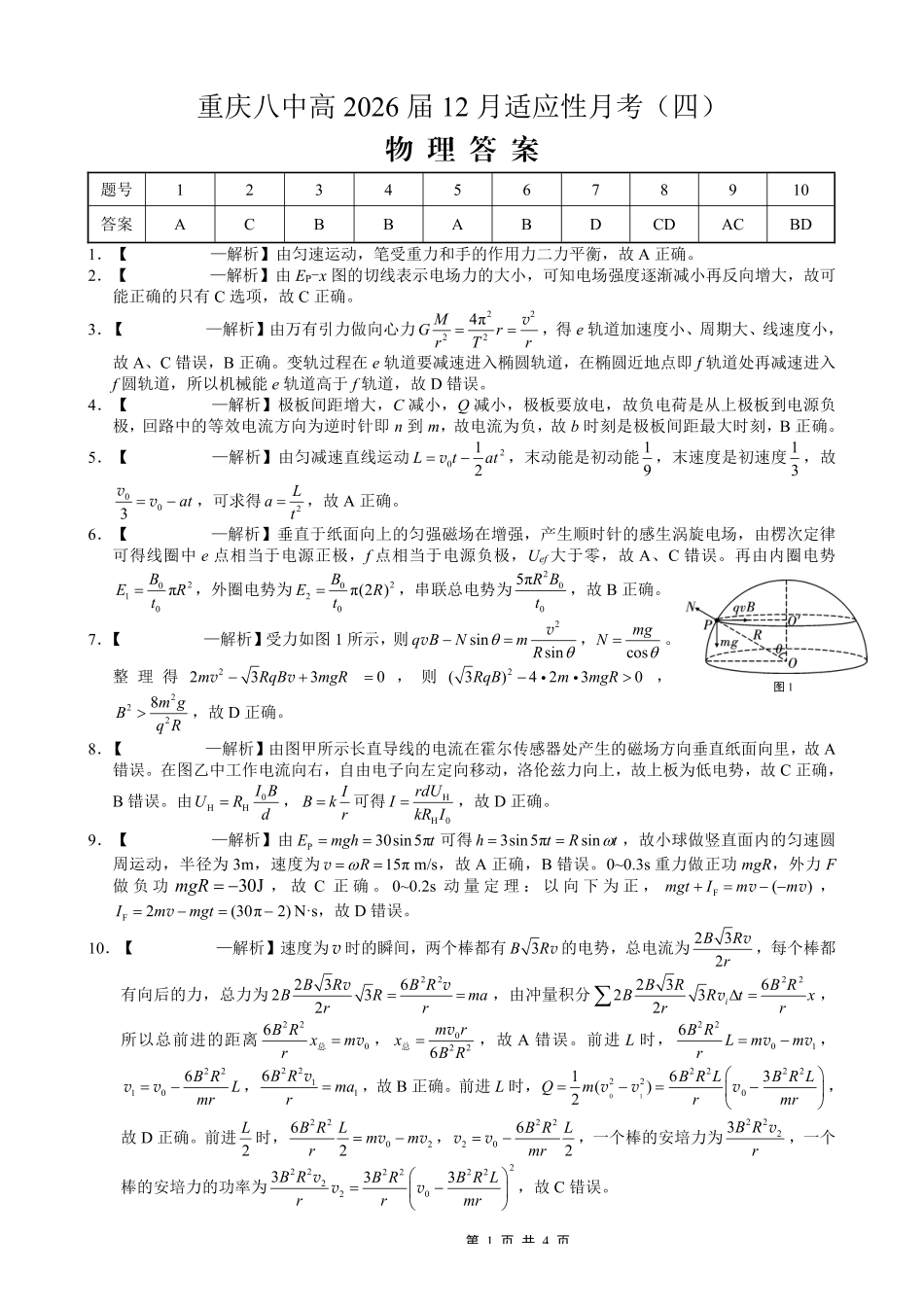 重庆市第八中学2026届高考适应性月考卷（四）物理答案.pdf_第1页