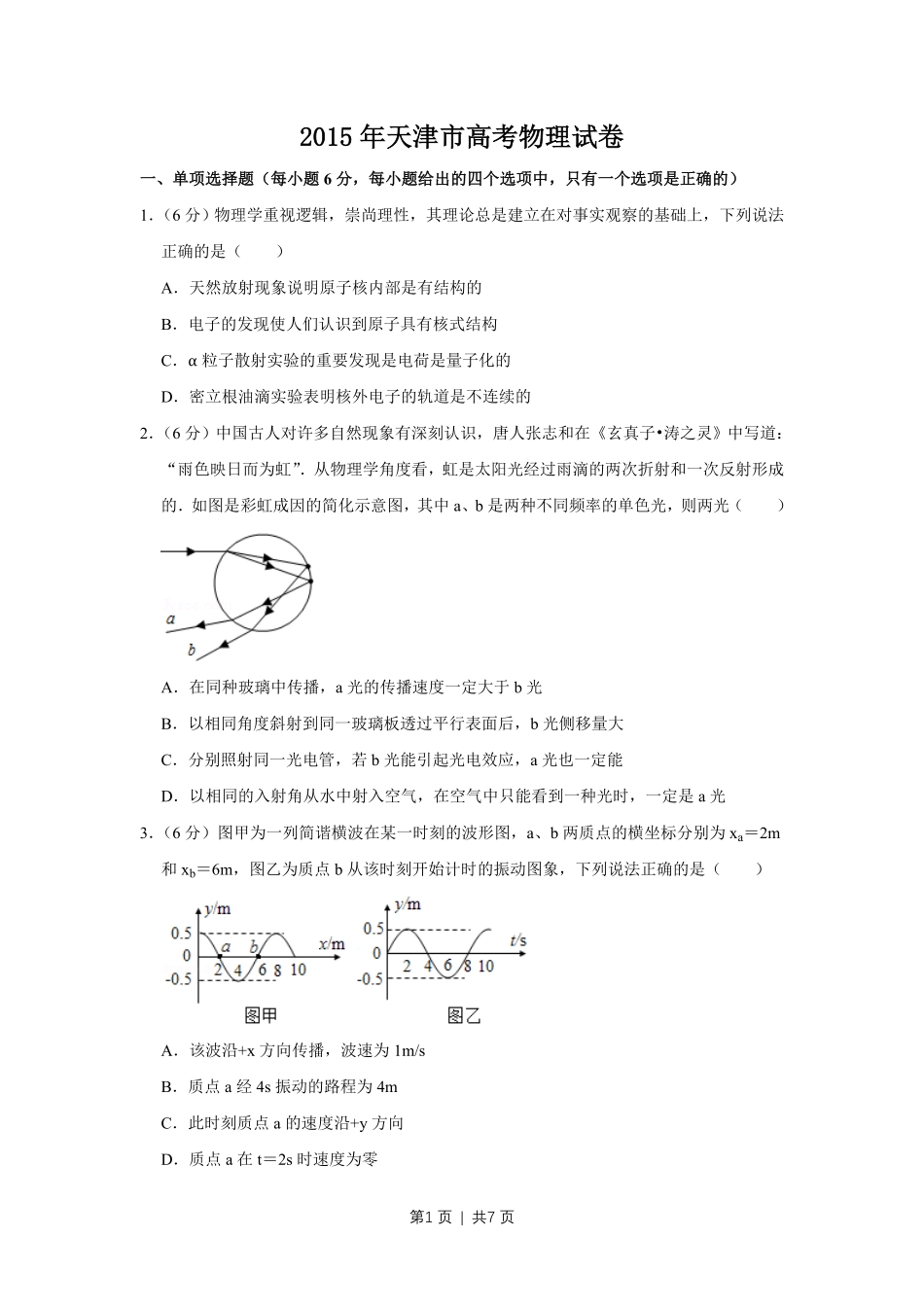 2015年高考物理试卷（天津）（空白卷）.pdf_第1页