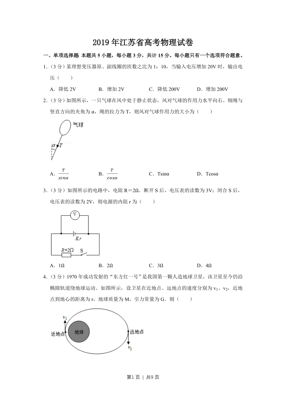 2019年高考物理试卷(江苏)(空白卷).pdf_第1页