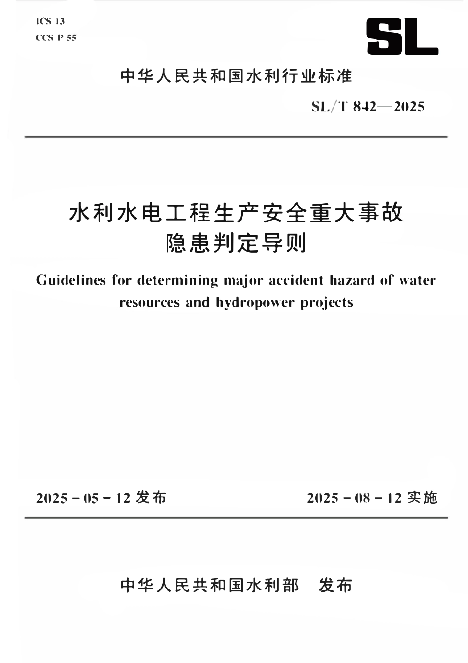 SLT 842-2025 水利水电工程生产安全重大事故隐患判定导则.pdf_第1页