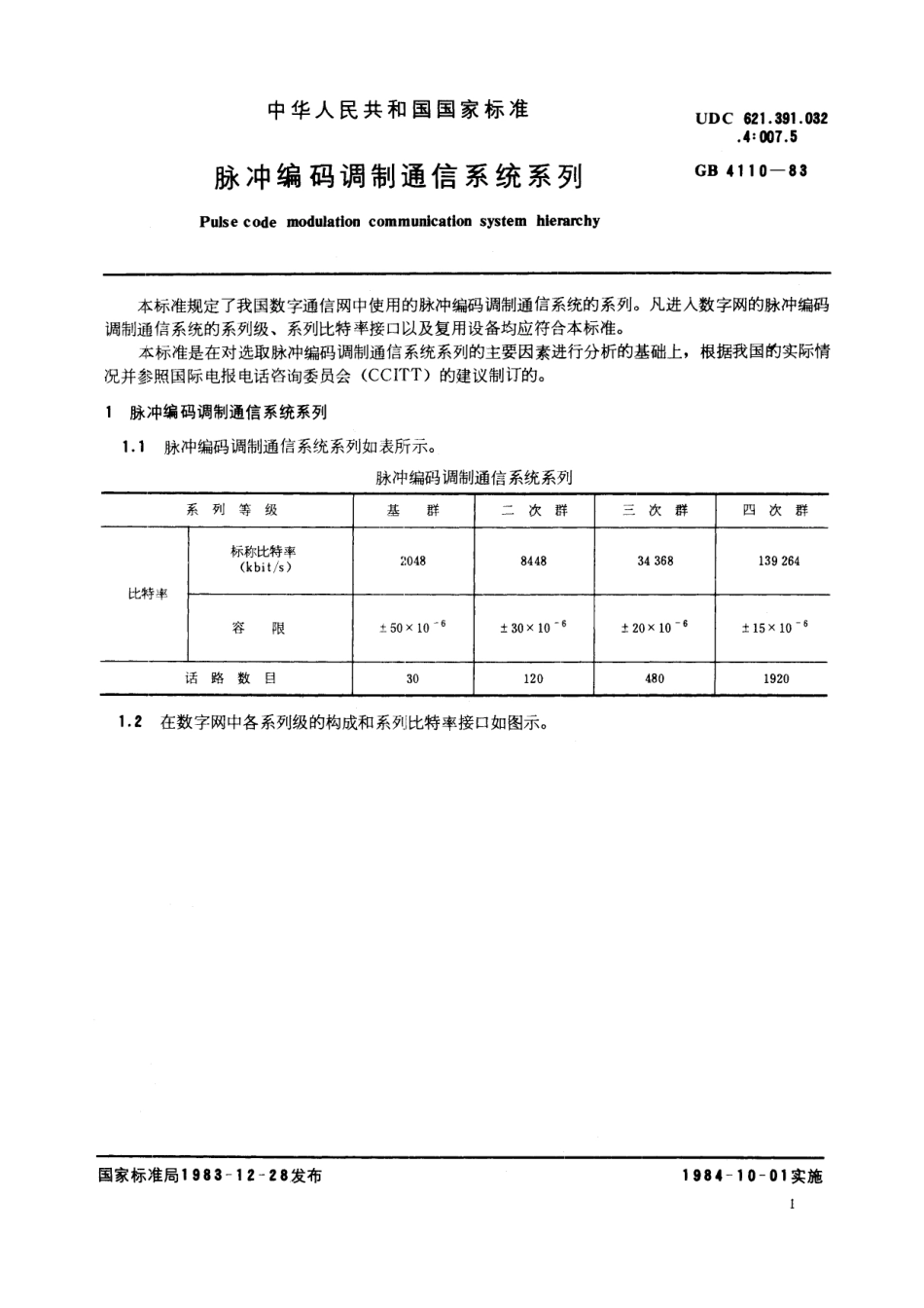 GB／T 4110-1983 脉冲编码调制通信系统系列.pdf_第2页