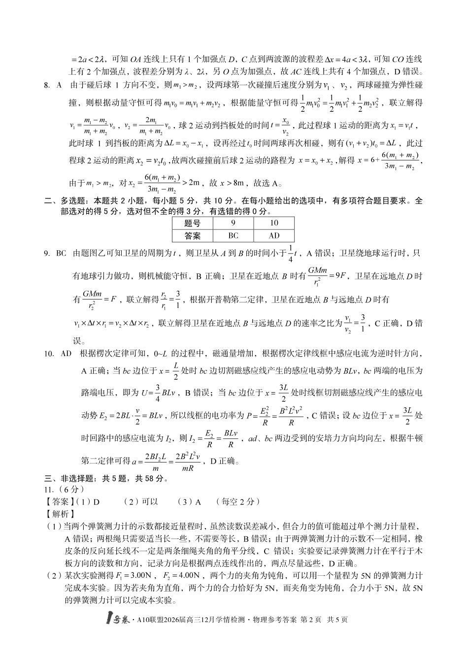 （物理A卷）1号卷A10联盟2026届高三12月学情检测物理答案.pdf_第2页