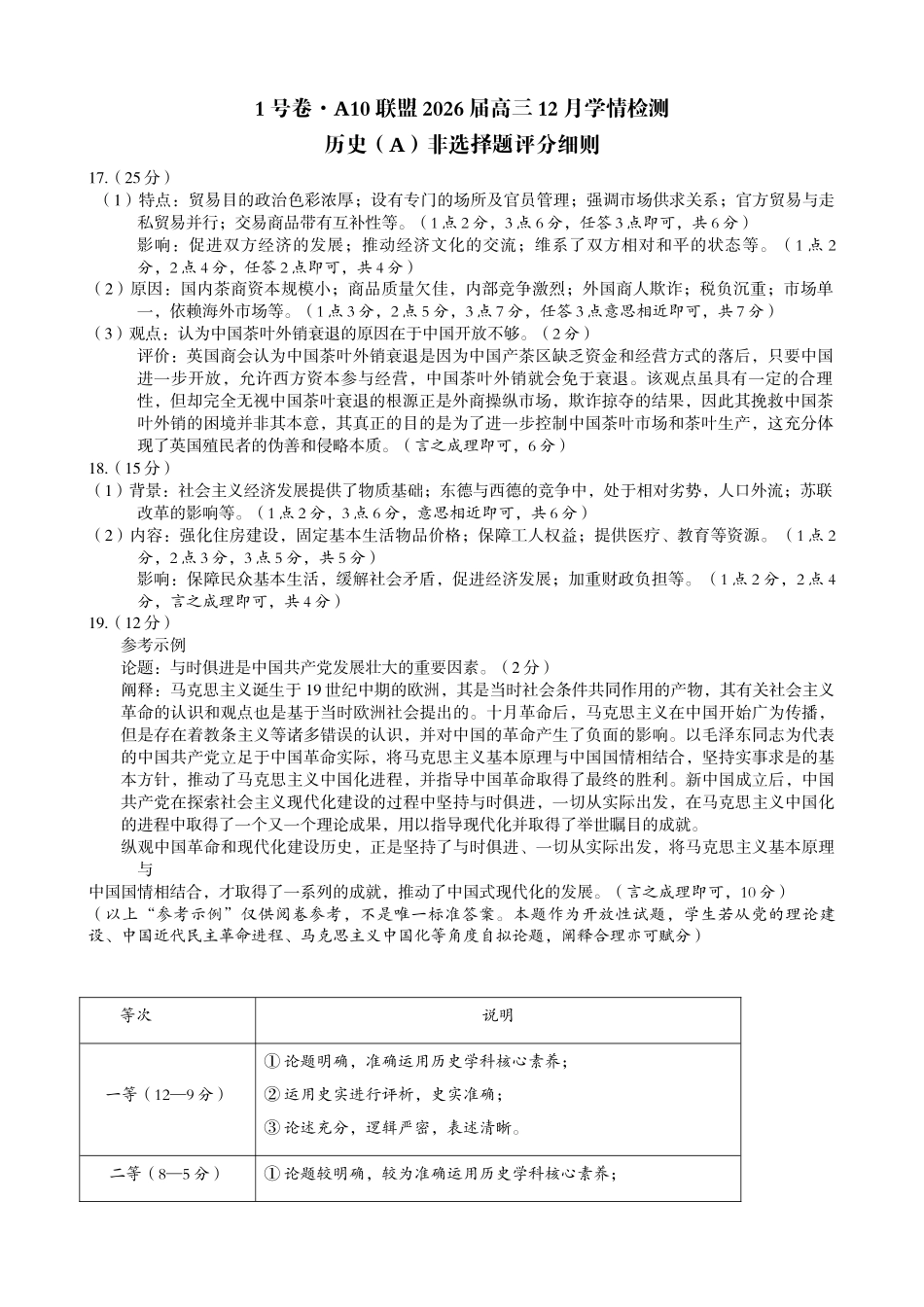 1号卷A10联盟2026届高三12月学情检测历史（A）非选择题评分细则.docx_第1页