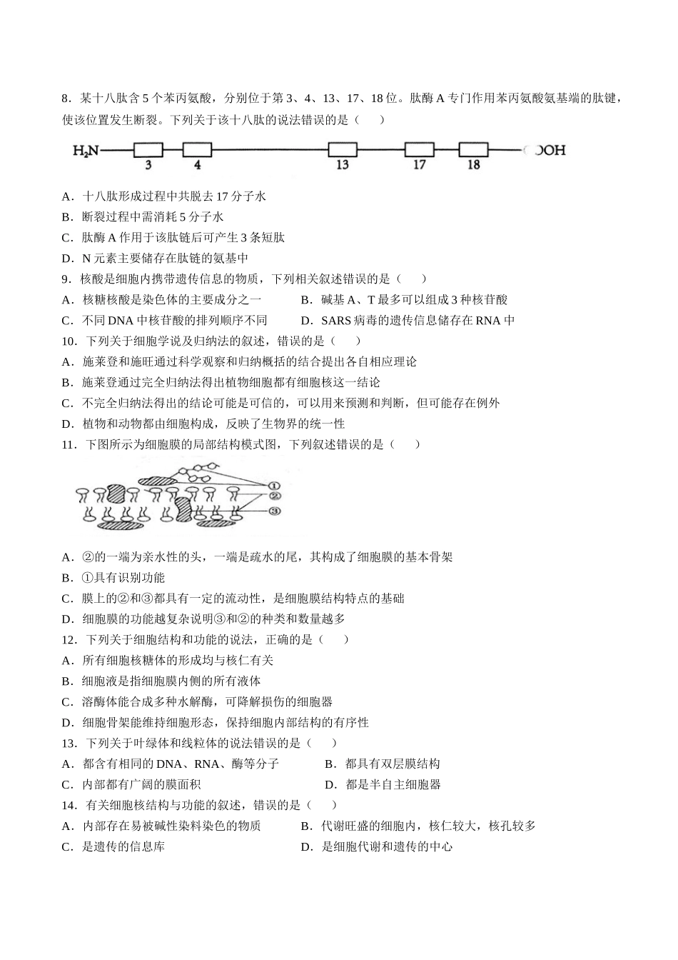 江苏省扬州市高邮市2025-2026学年高一上学期期中考试生物含答案.docx_第2页
