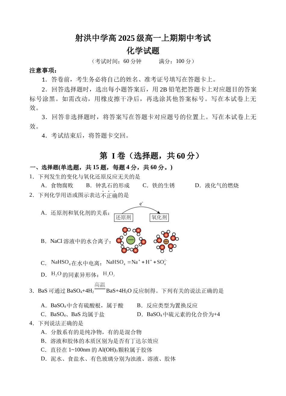 射洪中学高2025级高一上期期中考试化学试题.docx_第1页