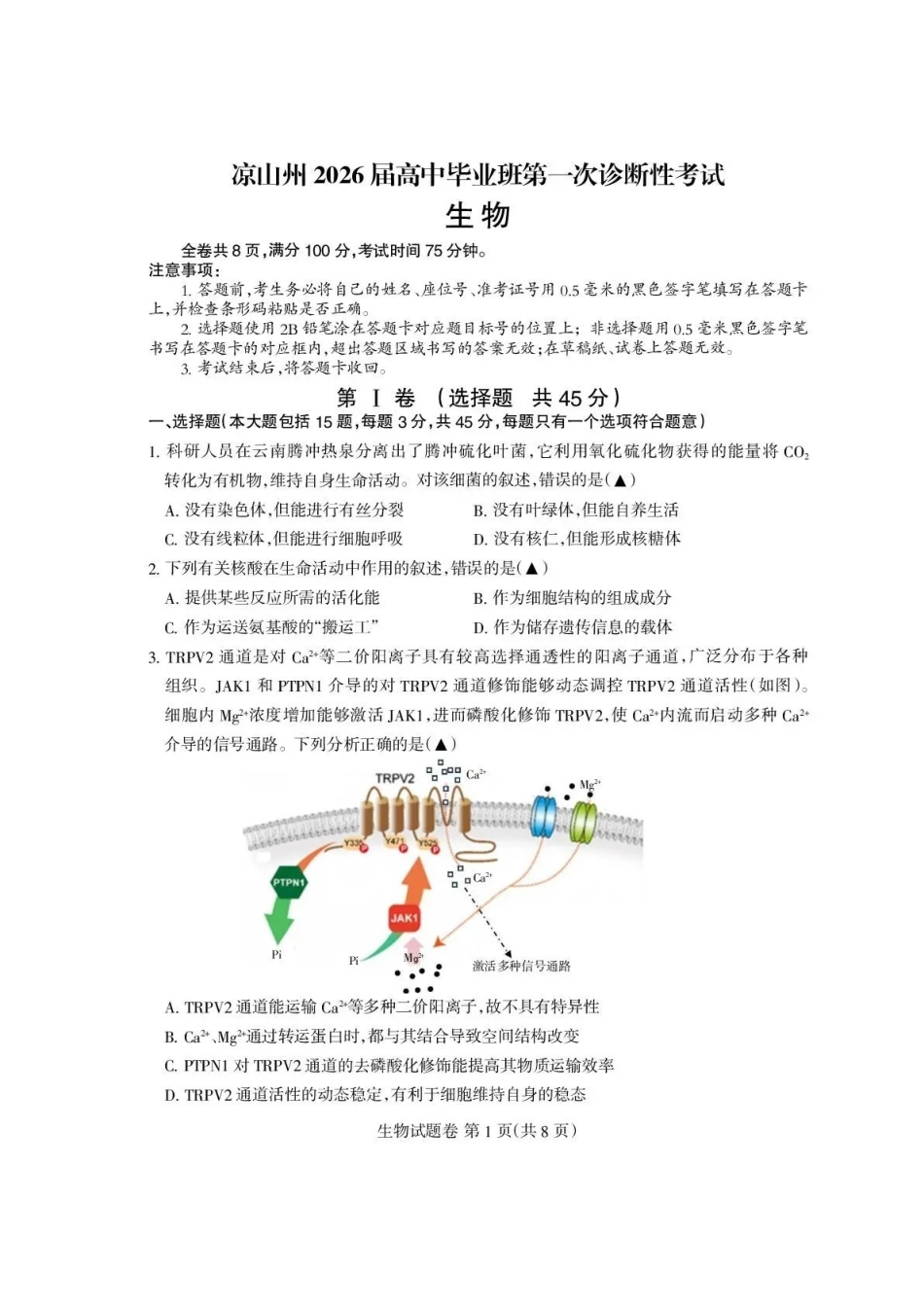 生物试卷四川省凉山州2026届高中毕业班第一次诊断性考试(凉山州一诊)(12.16-12.18).pdf_第1页