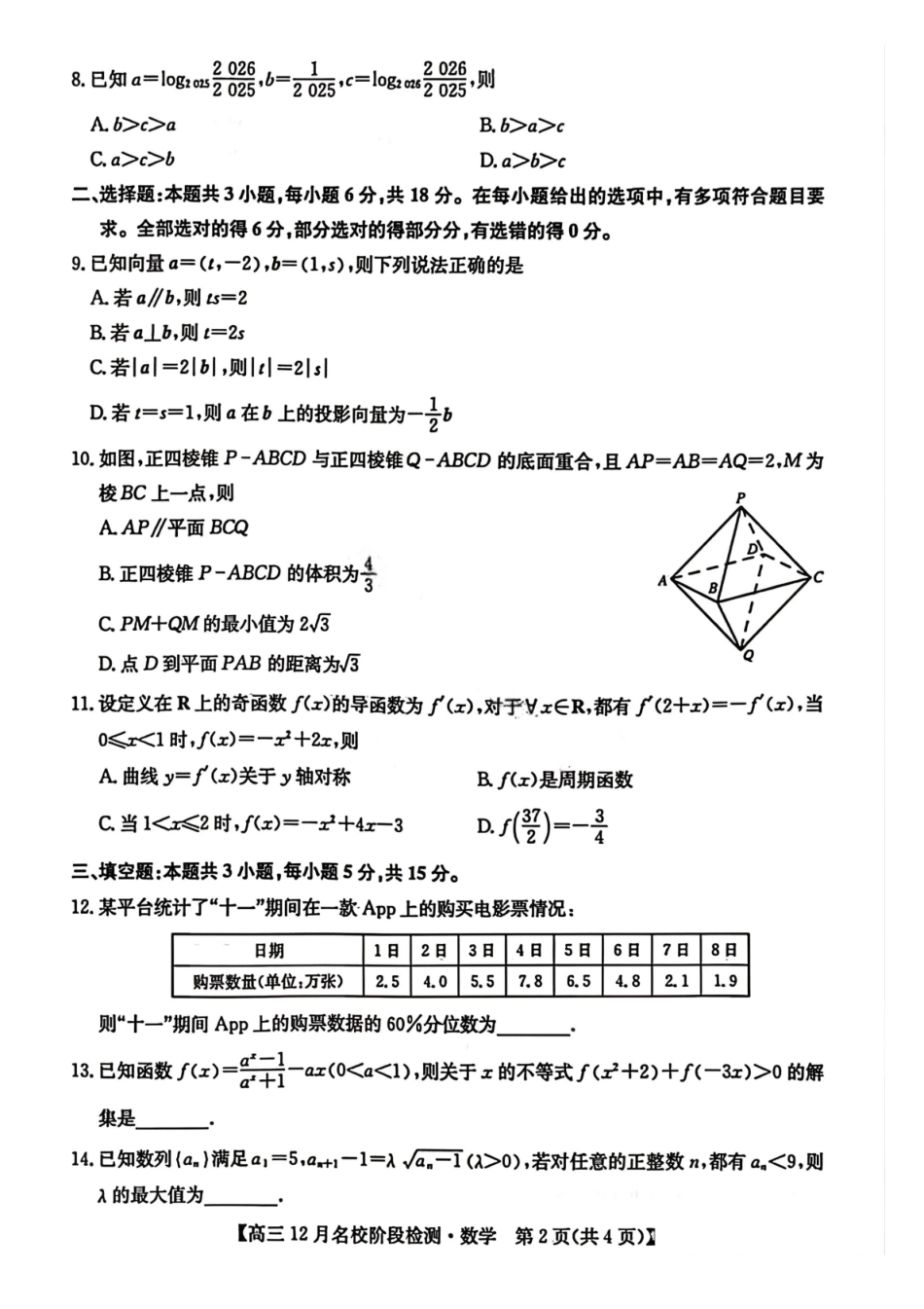 数学试卷安徽省耀正优+2026届高三年级12月名校阶段检测(12.18-12.19).pdf_第2页