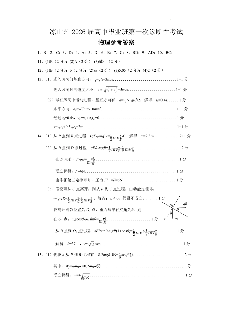 四川省凉山州2026届高中毕业班第一次诊断性考试物理答案.pdf_第1页