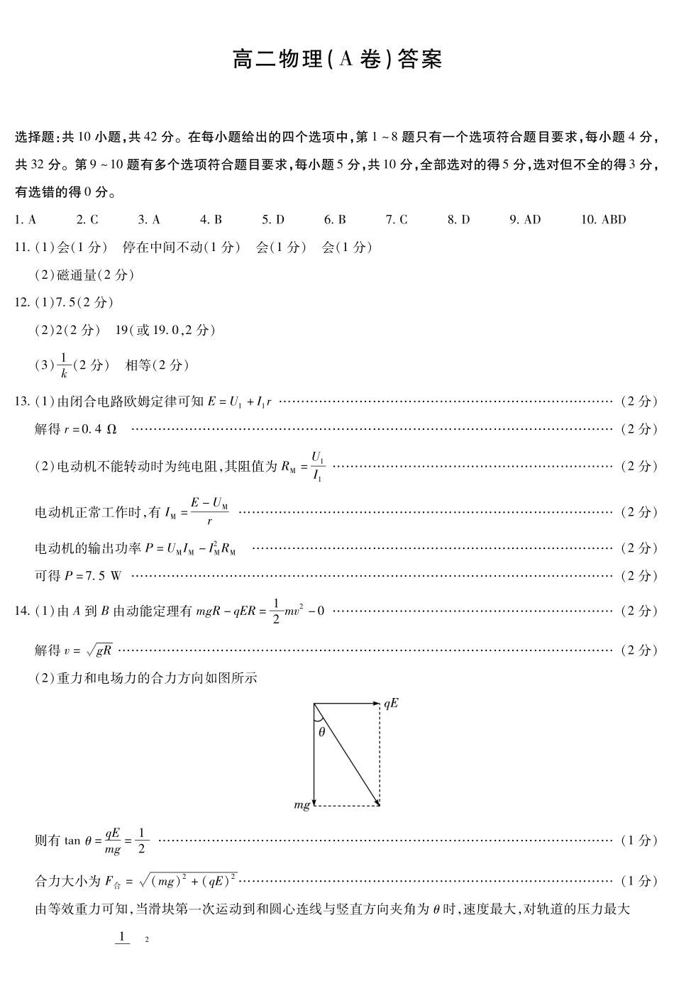 物理A卷安徽高二12月考答案(简易).pdf_第1页