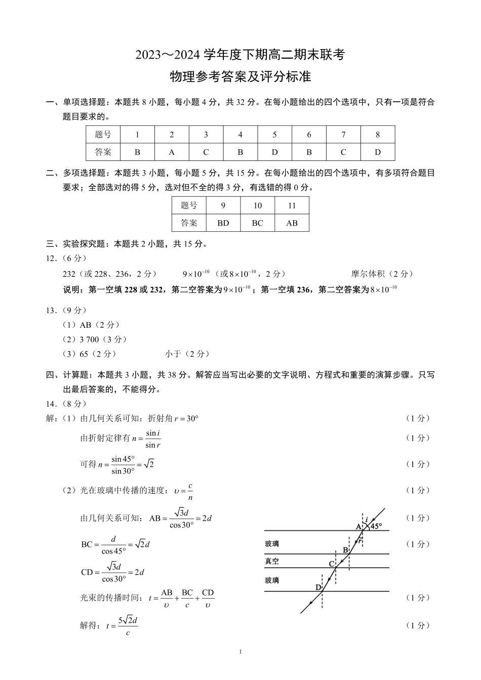 2023~2024学年度下期高二期末联考物理参考答案及评分标准.pdf_第1页