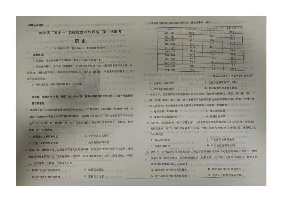 2025届河北省五个一名校联盟高三模拟预测历史试题.docx_第1页