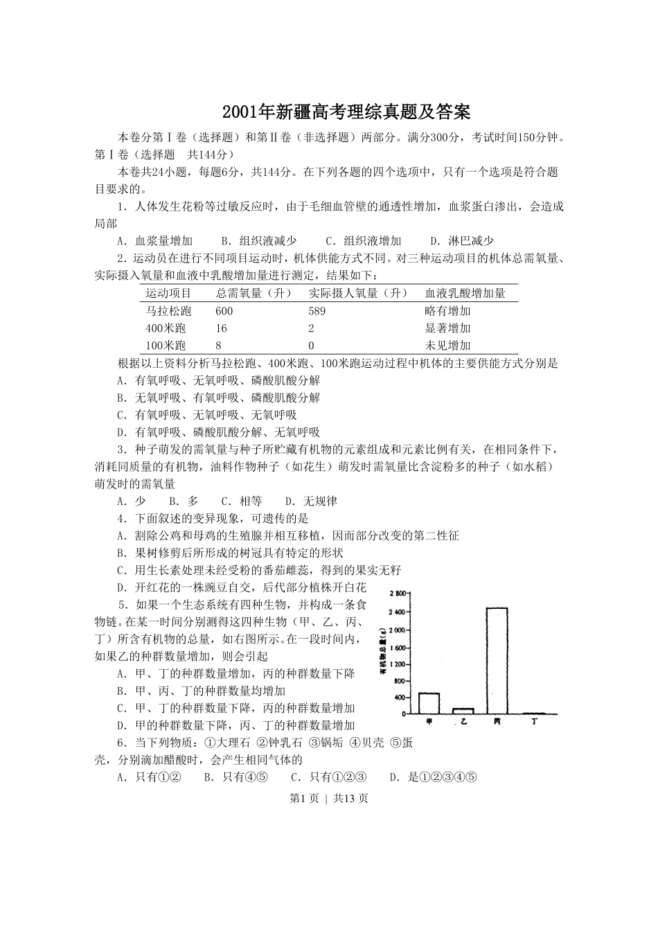 2001年新疆高考理综真题及答案.pdf_第1页