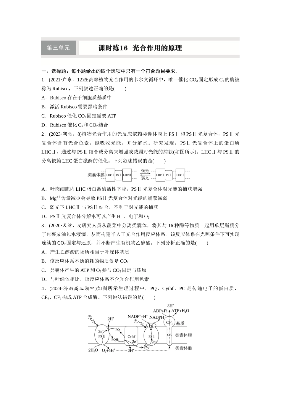 第三单元　课时练16　光合作用的原理.docx_第1页