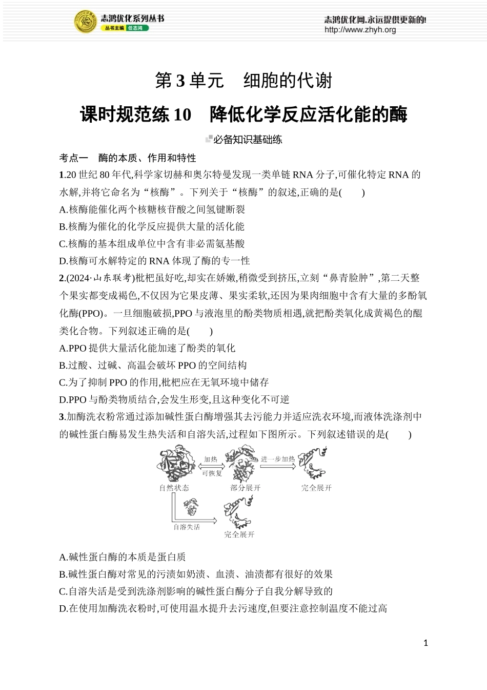 课时规范练10　降低化学反应活化能的酶.docx_第1页