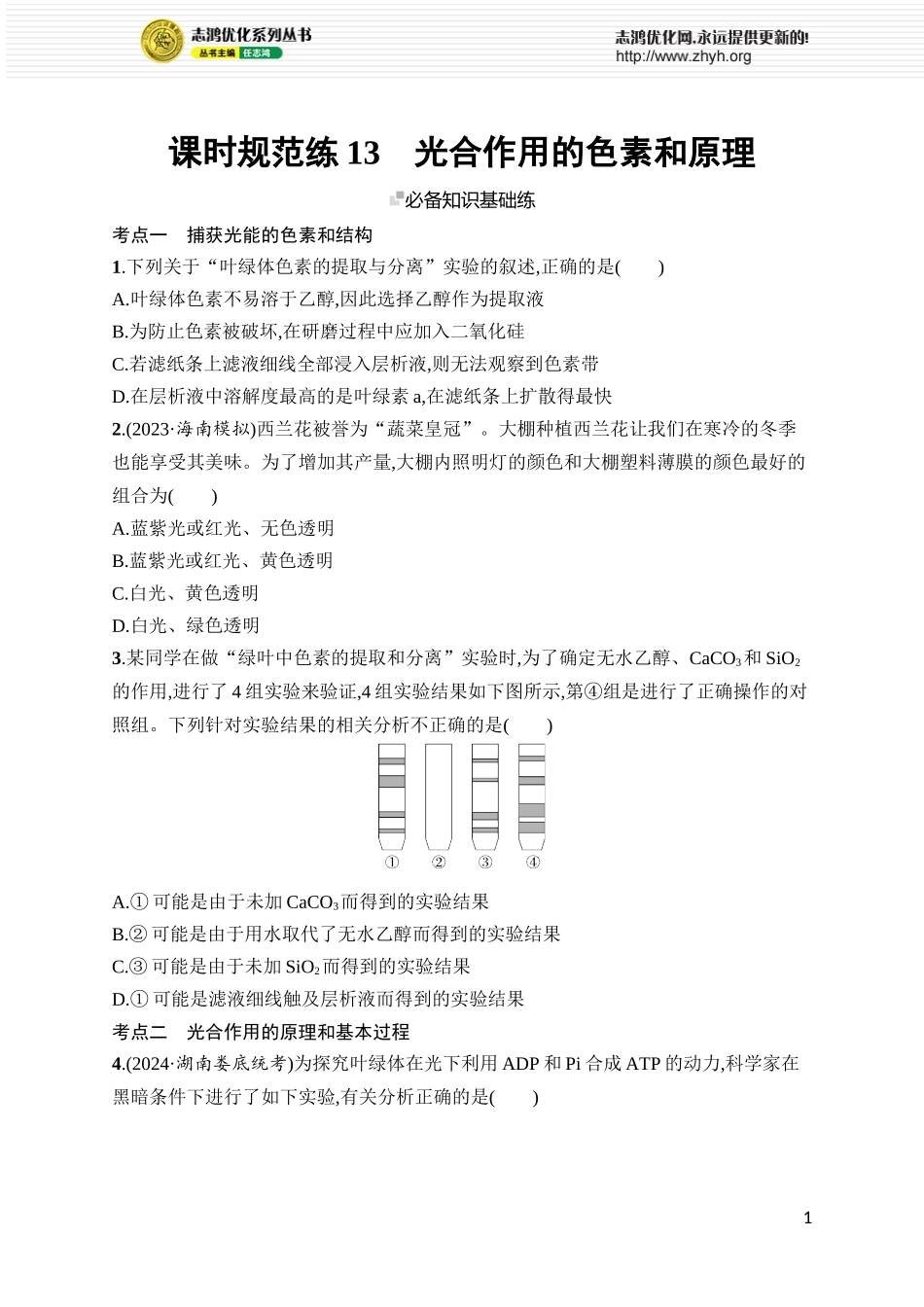 课时规范练13　光合作用的色素和原理.docx_第1页