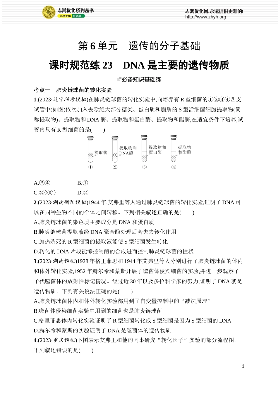 课时规范练23　DNA是主要的遗传物质.docx_第1页