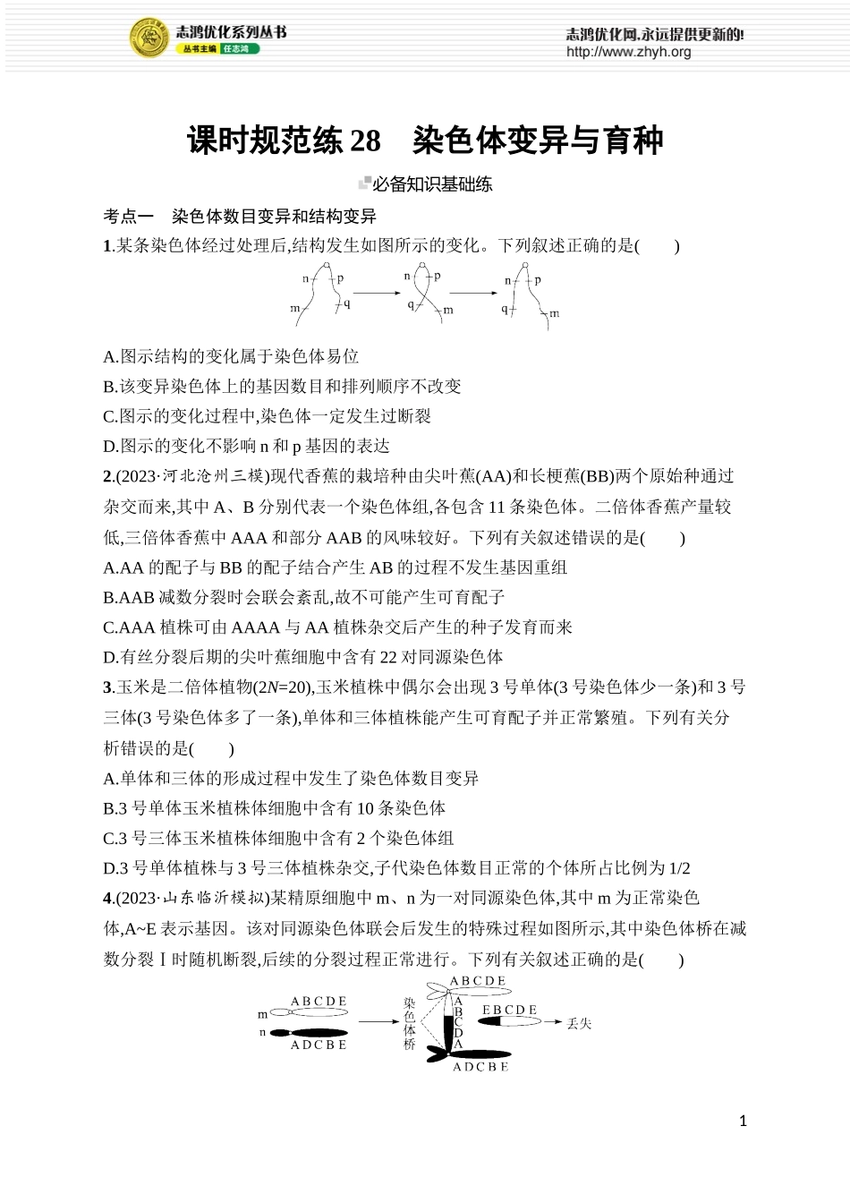 课时规范练28　染色体变异与育种.docx_第1页