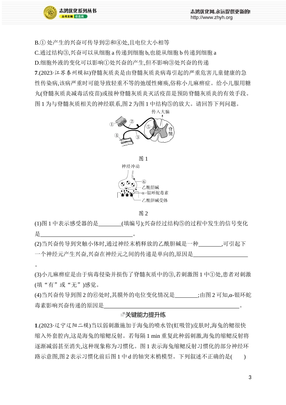 课时规范练32　神经冲动的产生、传导和传递.docx_第3页